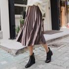 Accordion-pleats Midi Velvet Skirt