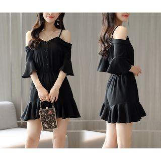 3/4-sleeve Cold Shoulder Frill Trim A-line Mini Dress