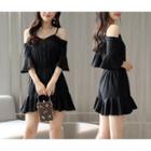 3/4-sleeve Cold Shoulder Frill Trim A-line Mini Dress
