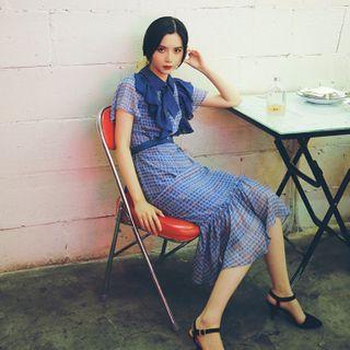 Short-sleeve Houndstooth Ruffle Hem Midi Dress