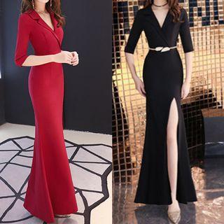 Elbow-sleeve Mermaid Slit Evening Gown