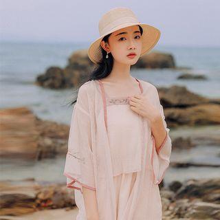 Set: Embroidered Contrast Trim Light Jacket + Slipdress