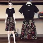 Set: Short-sleeve Star Sequin T-shirt + Floral Embroidered A-line Skirt