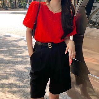 Puff-sleeve Blouse / Straight Leg Shorts With Belt
