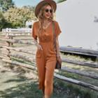 Short-sleeve V-neck Half-button Plain Pocket Jumpsuit