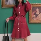 Contrast Trim Stitching Long-sleeve Midi Shirtdress