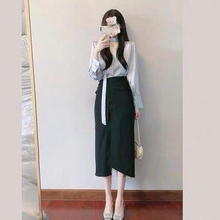 Cut-out Blouse / Asymmetrical Midi Pencil Skirt