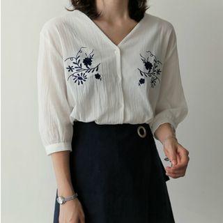 V-neck Elbow-sleeve Embroidered Blouse