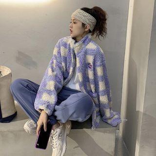 Mock-neck Plaid Faux Shearling Jacket Purple - One Size