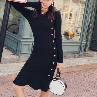 Long-sleeve Mermaid Knit Sheath Dress Black - One Size