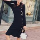 Long-sleeve Mermaid Knit Sheath Dress Black - One Size
