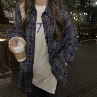 Plaid Blouse / Long-sleeve Number Print T-shirt