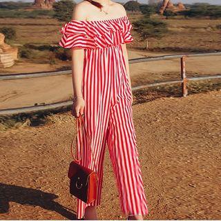 Striped Off-shoulder Cropped Jumpsuit