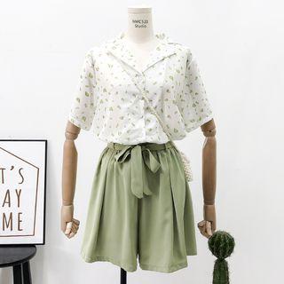 Set: Fruit-print Chiffon Shirt + Plain Shorts With Sash