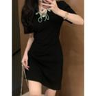 Short-sleeve Bow Detail Open Back Mini Sheath Dress
