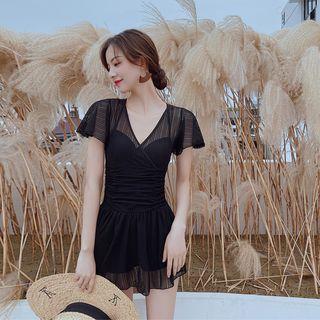 Ruched V-neck Short-sleeve Swim Dress