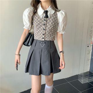 Short-sleeve Plain Shirt + Tie / Plaid Vest / Pleated Mini Skirt