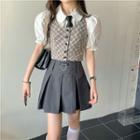 Short-sleeve Plain Shirt + Tie / Plaid Vest / Pleated Mini Skirt