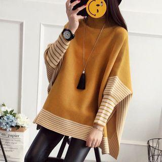 Striped Dolman-sleeve Mock Neck Sweater