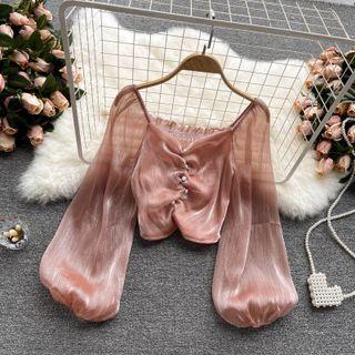 V-neck Ruched Puff-sleeve Chiffon Top