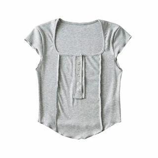 Cap-sleeve Button-up Square-neck T-shirt