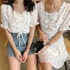 Floral Print Short-sleeve Cropped Top / Mini A-line Dress