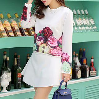 Set: Floral Applique Long-sleeve T-shirt + Skirt