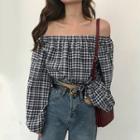 Plaid Off Shoulder Blouse As Shown In Figure - One Size