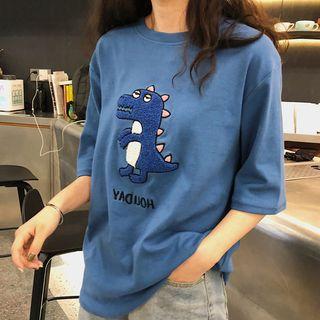 Elbow-sleeve Embroidered Cartoon T-shirt Blue - One Size