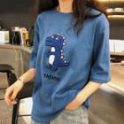 Elbow-sleeve Embroidered Cartoon T-shirt Blue - One Size
