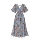 Floral Print Short Sleeve Maxi Chiffon Dress