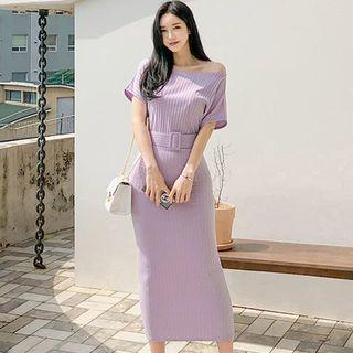 Short-sleeve Midi Rib Knit Dress With Belt