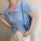 Short-sleeve Collared Zipped Knit Top