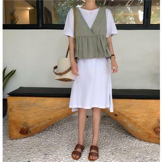 Set: V-neck Vest + Short-sleeve Midi Dress