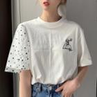 Elbow-sleeve Dotted Panel T-shirt