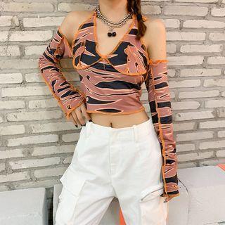 Long-sleeve Tiger Print Cold-shoulder Crop Top