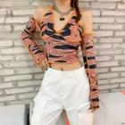 Long-sleeve Tiger Print Cold-shoulder Crop Top