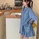Washed Denim Blouse / High-waist Mini A-line Skirt