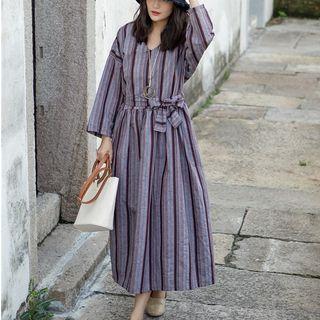 Long Sleeve Tie Waist Shirt Dress Stripes - Black & Brown - One Size