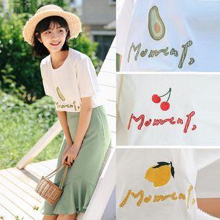 Set: Elbow-sleeve Embroidered T-shirt + Asymmetric Gingham Ruffled Midi Skirt
