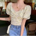 Puff-sleeve Floral Print Shirred Blouse Yellow - One Size