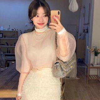 Turtleneck Long-sleeve Top / Puff-sleeve Mesh Top