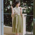 Set: Puff-sleeve Blouse + Pleated Midi A-line Skirt