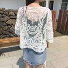 Lace Open Front Elbow-sleeve Jacket White - One Size