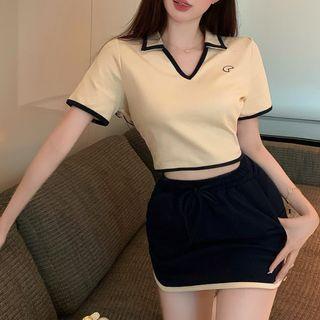 Short-sleeve Embroidered Crop Polo Shirt / Shorts