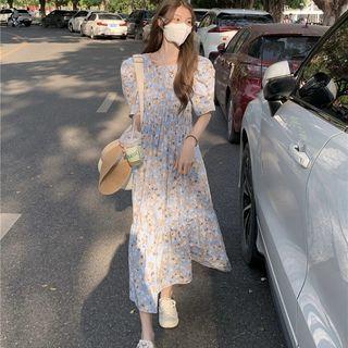 Puff-sleeve Floral Print Midi A-line Dress White Floral - Blue - One Size