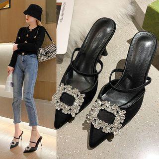 Rhinestone Buckle High-heel Mules