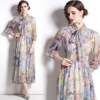 3/4-sleeve Tie-neck Floral Midi A-line Dress