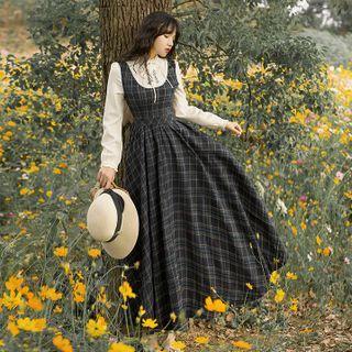 Mock Two-piece Long-sleeve Plaid Maxi A-line Dress