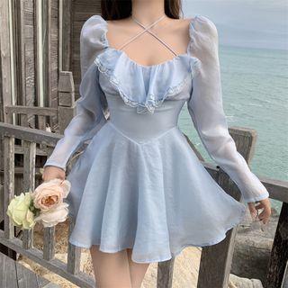 Long-sleeve Halter Lace Trim Mini A-line Dress